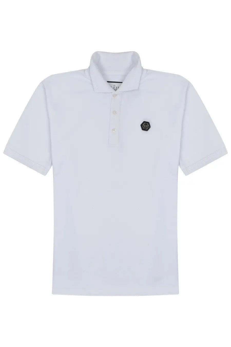 Philipp Plein men’s white short-sleeved polo shirt with black hexagonal logo on left chest for casual wear