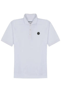 Philipp Plein men’s white short-sleeved polo shirt with black hexagonal logo on left chest for casual wear