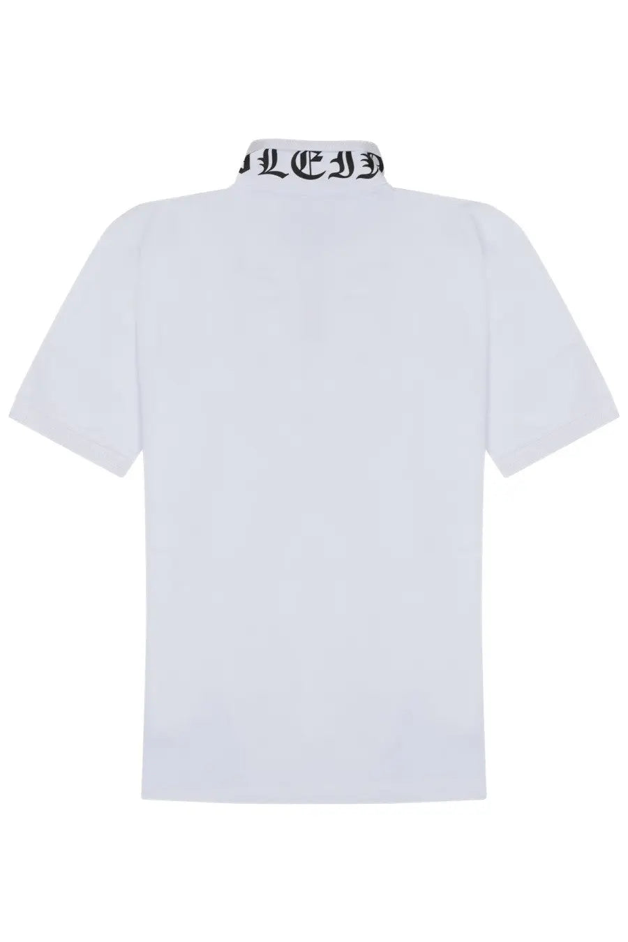 Philipp plein men’s white short-sleeved polo shirt with black embroidered collar featuring ornate lce lettering