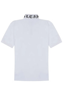 Philipp plein men’s white short-sleeved polo shirt with black embroidered collar featuring ornate lce lettering