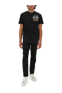 Philipp Plein men’s black short-sleeved t-shirt with colorful embroidered logo on the chest in cotton material