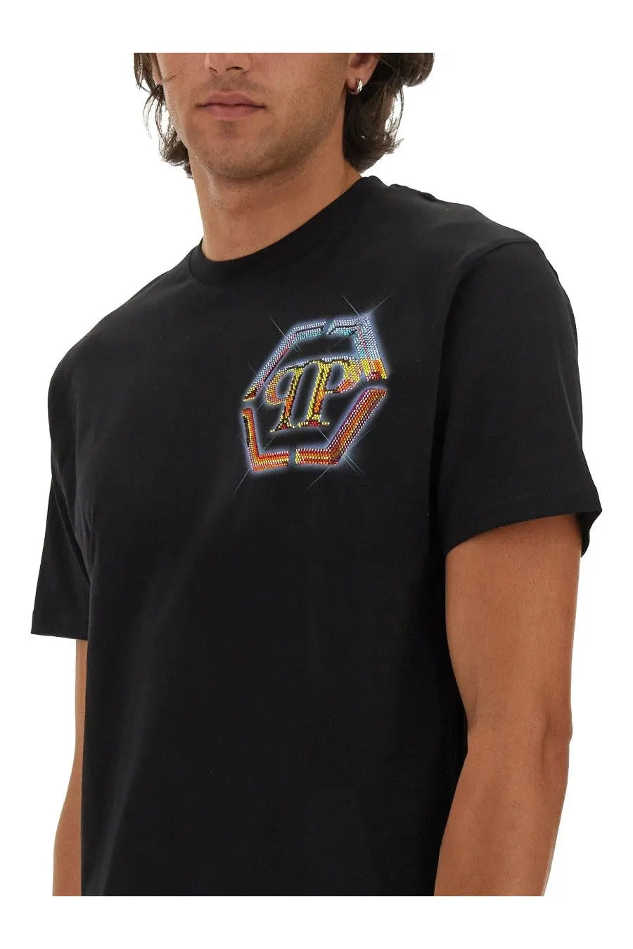 Philipp Plein men’s black short-sleeved t-shirt with sparkling multi-colored interlocking pp logo on front
