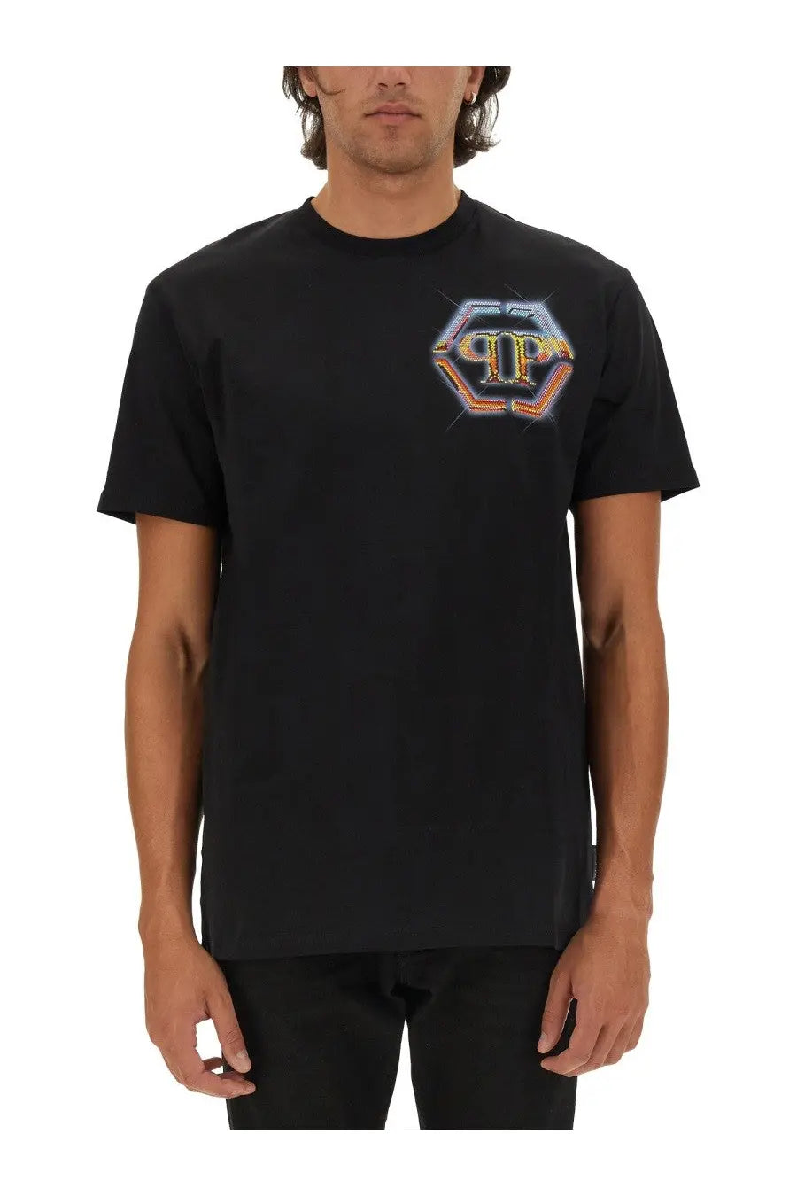 Philipp Plein men’s black short-sleeved t-shirt with vibrant orange and blue geometric logo on the chest