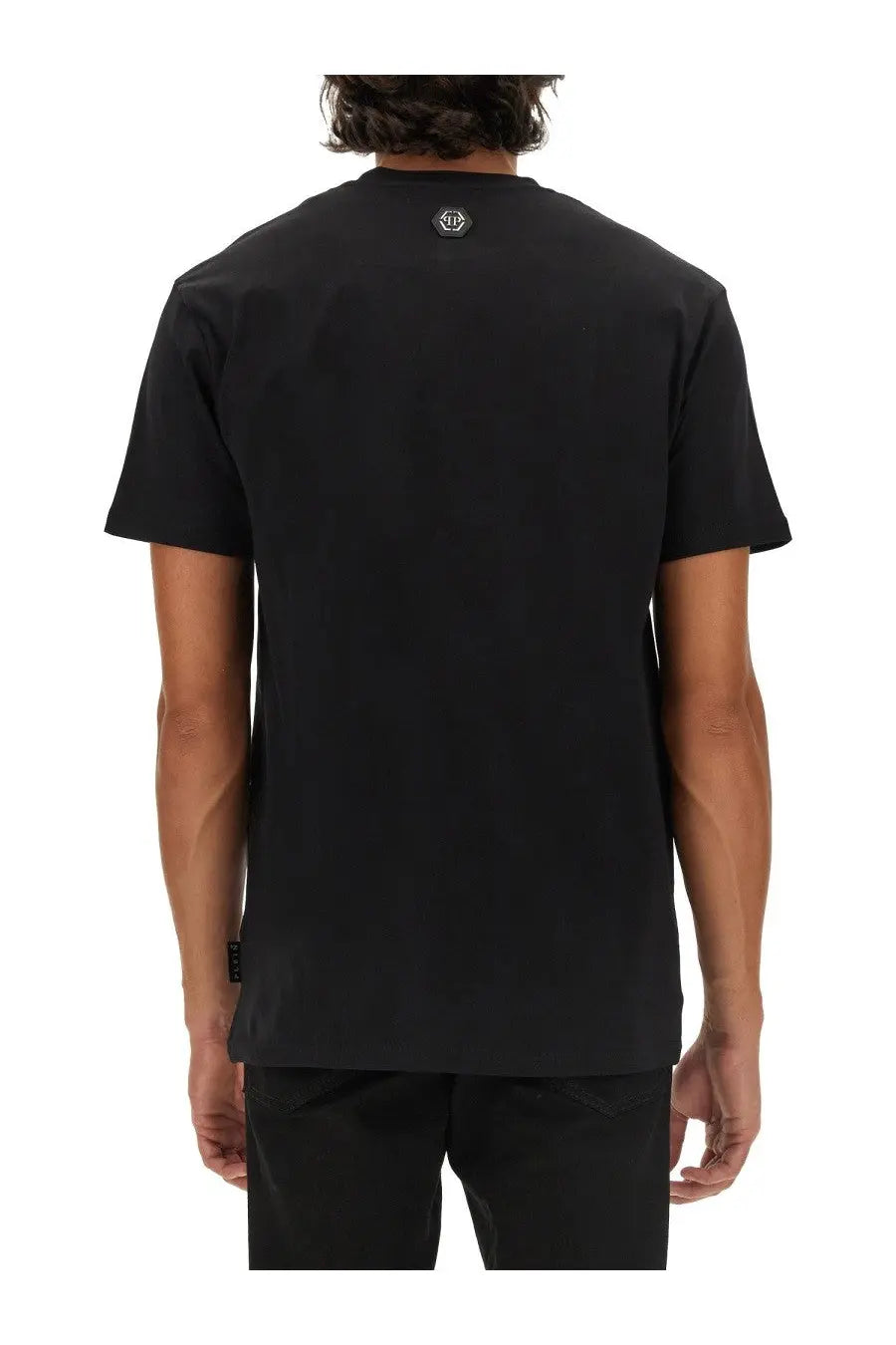 Philipp plein men’s black short-sleeved t-shirt with small white logo at neckline and brand tag on lower left side