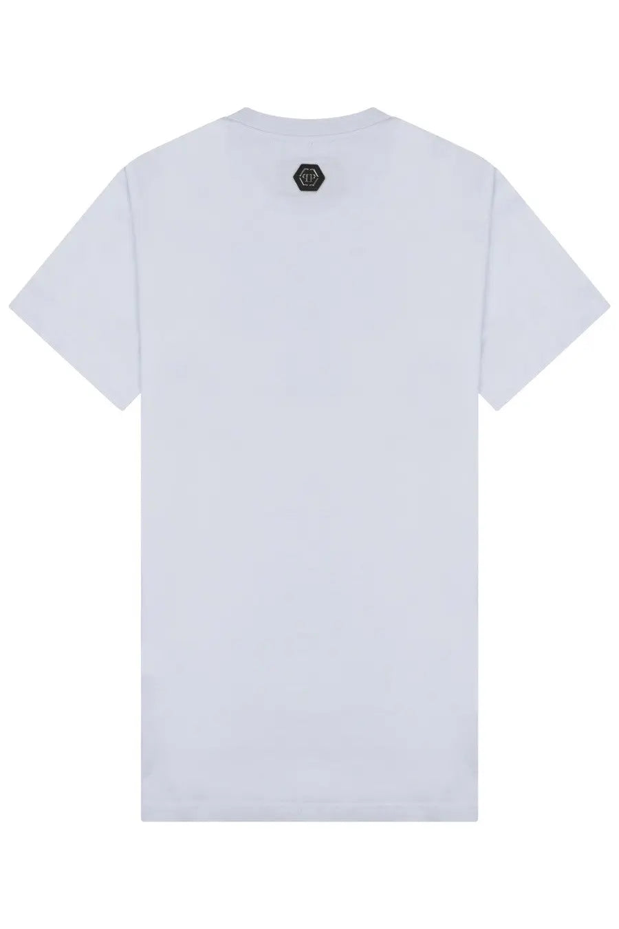 Philipp Plein men’s white short-sleeved t-shirt with black hexagonal logo at the neckline