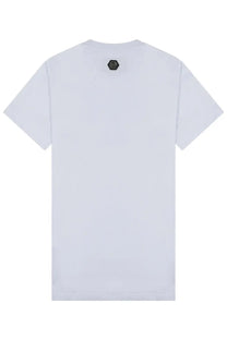 Philipp Plein men’s white short-sleeved t-shirt with black hexagonal logo at the neckline