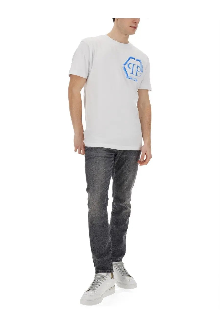 Philipp plein men’s white short-sleeved t-shirt with blue hexagonal logo on chest made of cotton