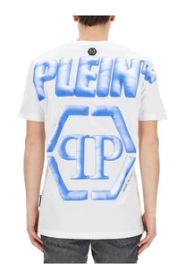 Philipp plein men’s white short-sleeved t-shirt with bold blue graphic lettering and logo design