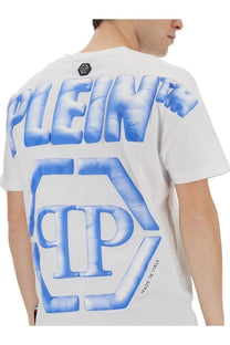Philipp plein men’s white short-sleeved t shirt with icy blue plein logo graphic print on front