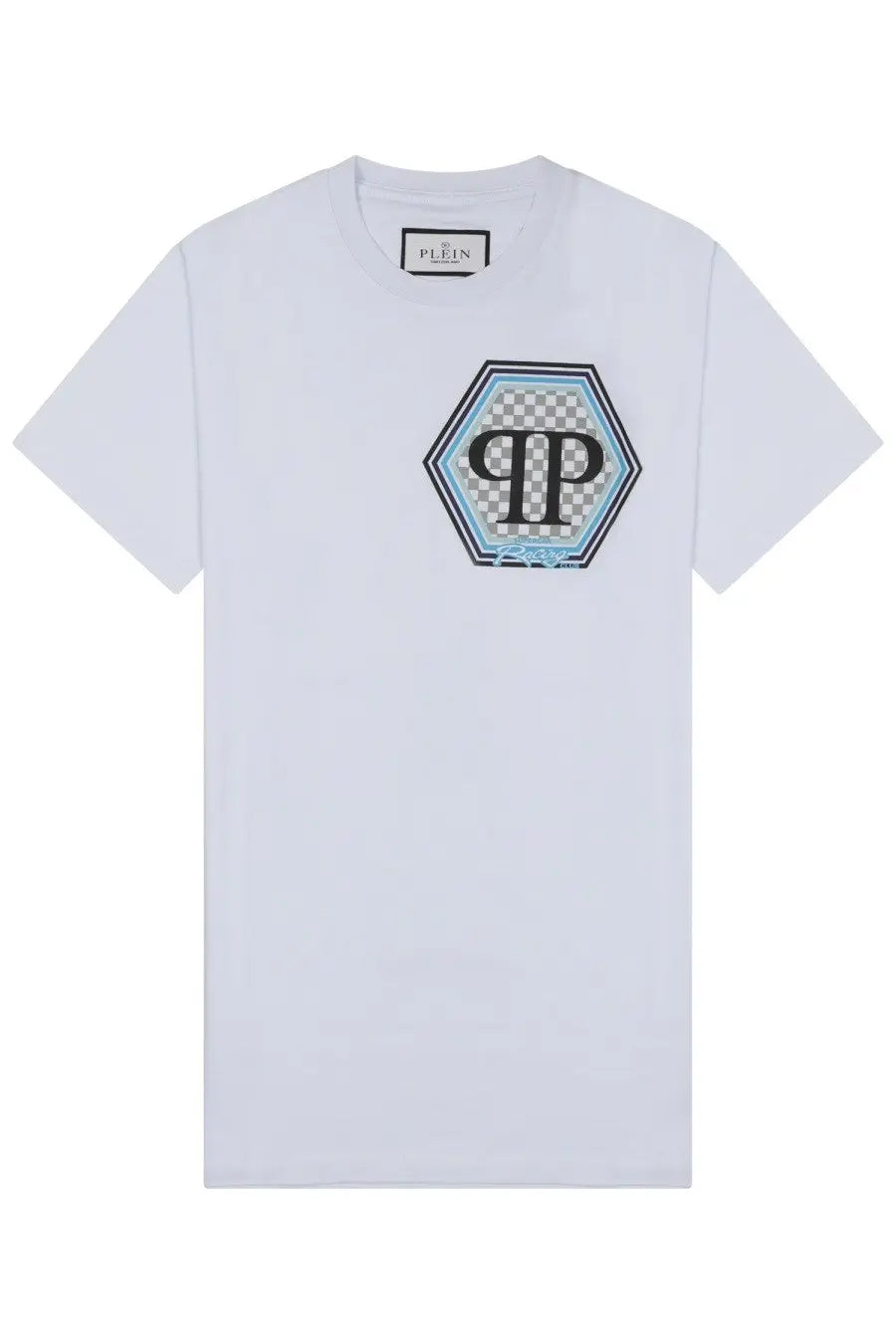 Philipp Plein men’s white short-sleeved t-shirt with hexagonal patch black pp monogram on checkered blue trim background