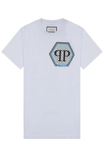 Philipp Plein men’s white short-sleeved t-shirt with hexagonal patch black pp monogram on checkered blue trim background