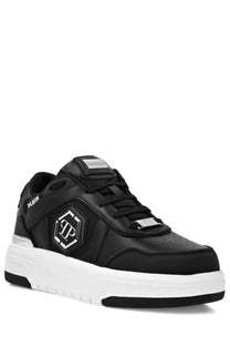 Philipp Plein men’s sneaker sk8r con multicolor in black leather with bold silver logo and white rubber sole