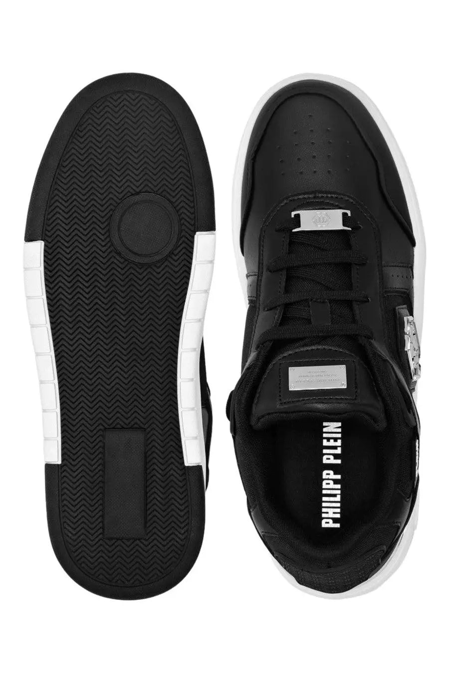 Black philipp plein men’s sneaker sk8r con with white rubber soles and metallic silver branding accents