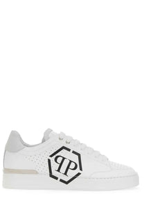 Philipp Plein men’s white leather low-top sneaker with bold black hexagonal pp logo on the side