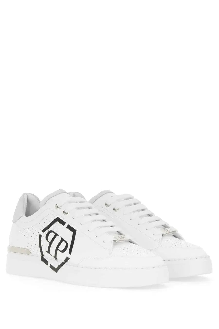 Philipp Plein men’s white leather sneakers with a bold black hexagonal logo on the side