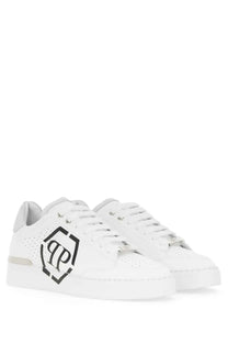 Philipp Plein men’s white leather sneakers with a bold black hexagonal logo on the side