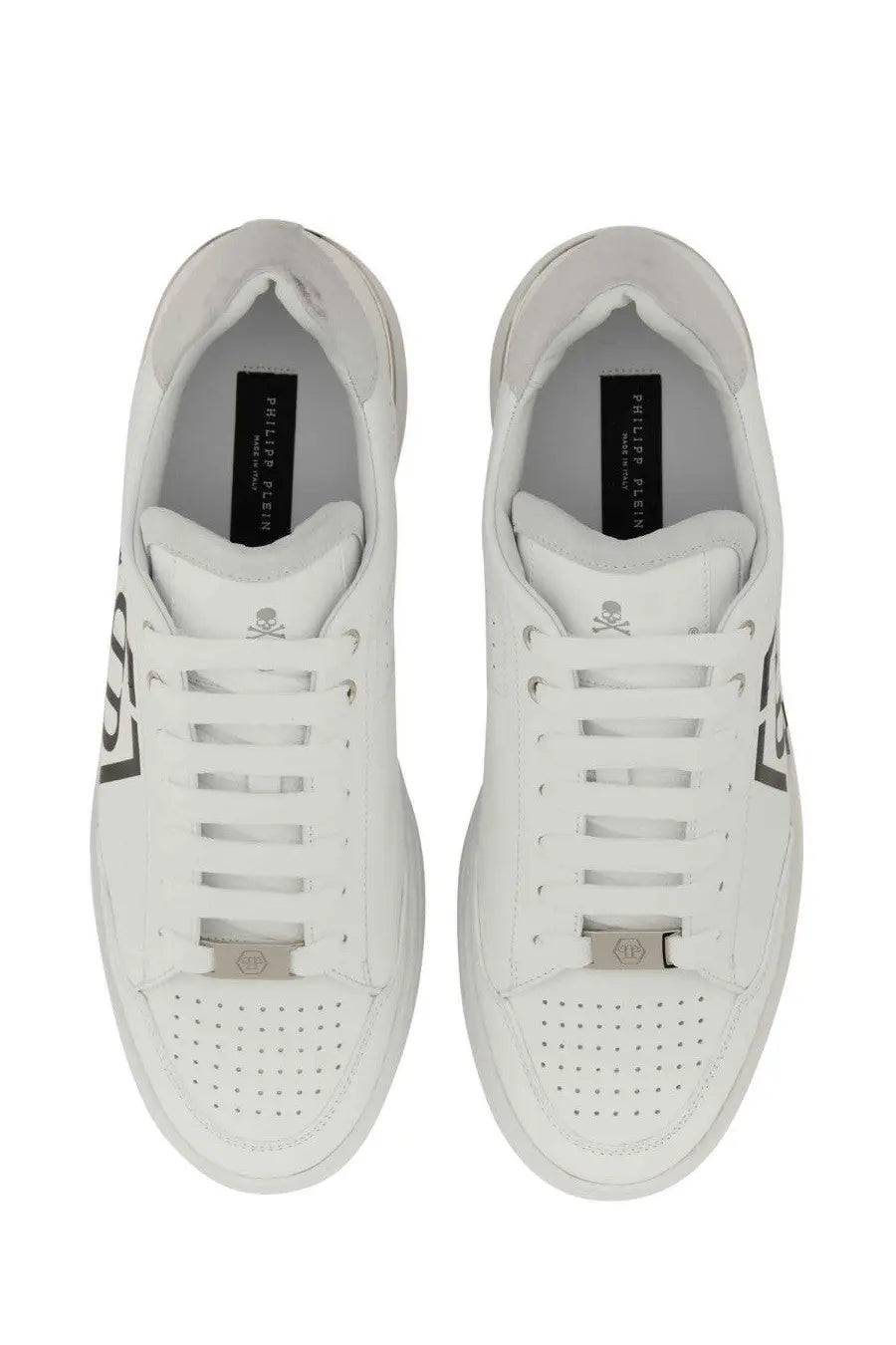 Philipp Plein men’s white leather sneakers with black logo accents and silver-tone metal eyelets