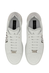 Philipp Plein men’s white leather sneakers with black logo accents and silver-tone metal eyelets