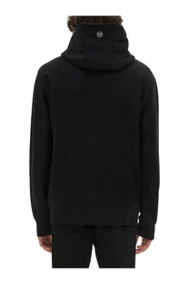 Back side of philipp plein men’s black hooded sweatshirt with a subtle logo patch on the collar in cotton material