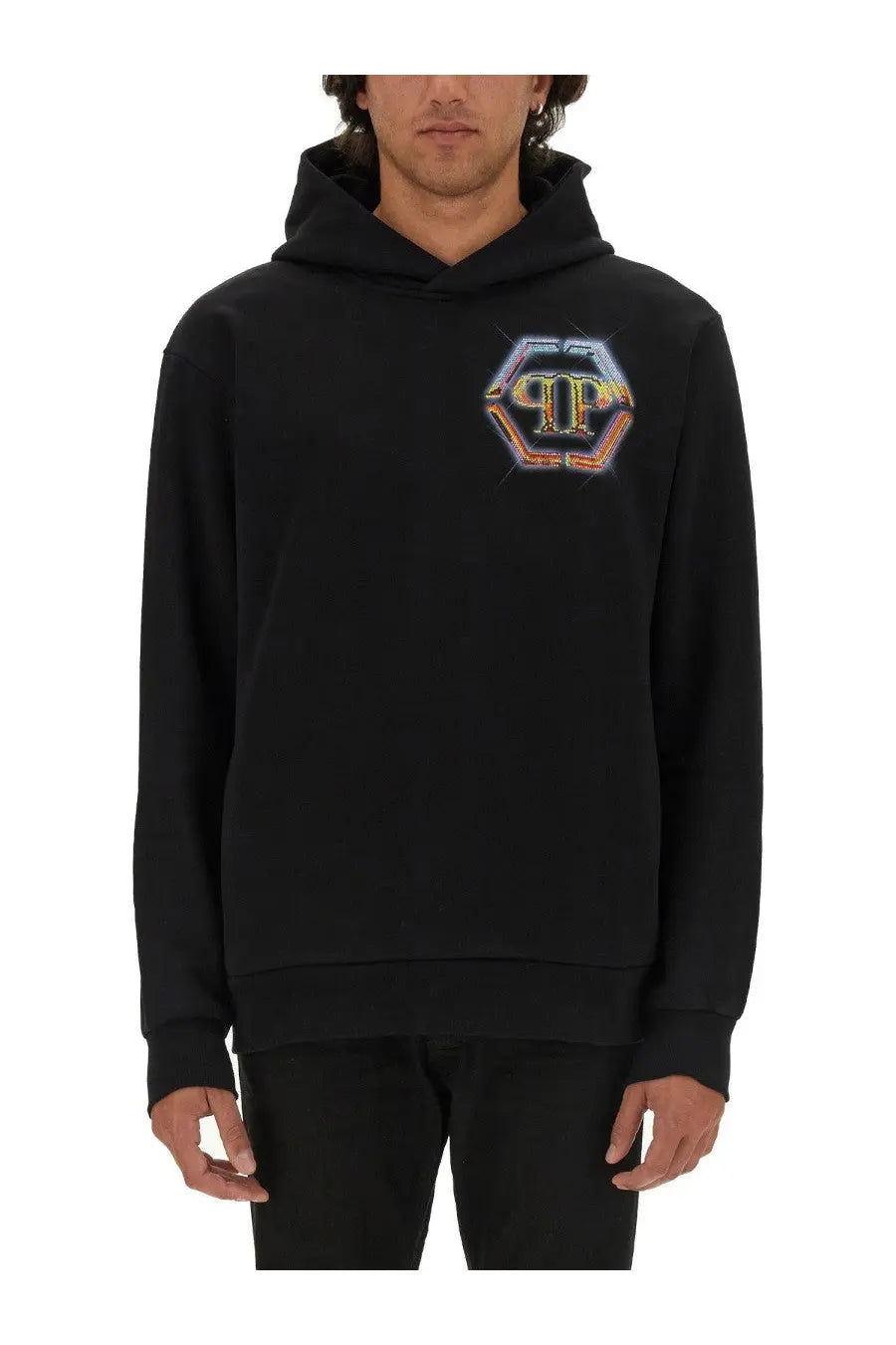 Philipp Plein men’s black hooded sweatshirt with vibrant iridescent hexagonal logo featuring interlocking pp initials