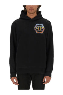 Philipp Plein men’s black hooded sweatshirt with vibrant iridescent hexagonal logo featuring interlocking pp initials