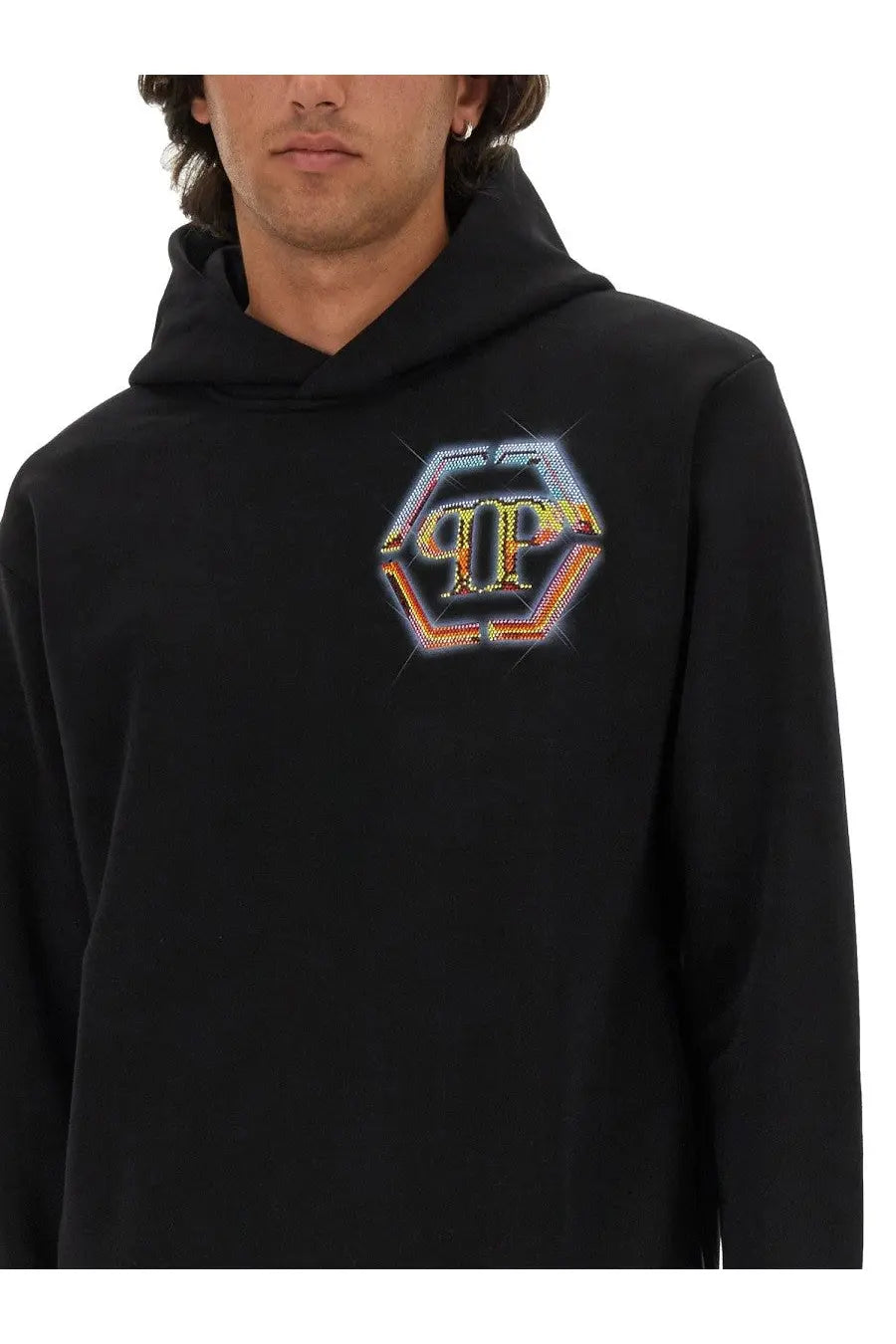 Philipp Plein men’s black hooded sweatshirt with vibrant multi-colored rhinestone hexagonal logo on chest
