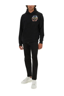 Black philipp plein men’s sweatshirt hoodie with colorful hexagonal embroidered logo on the chest