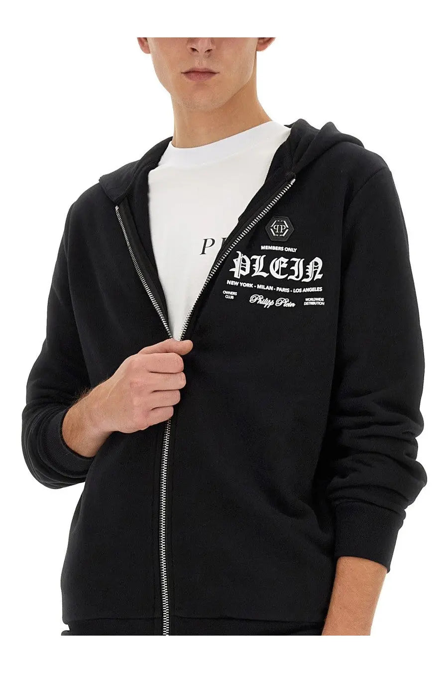 Philipp plein men’s black zip-up hoodie with white embroidered logo and city names including new york paris and milan