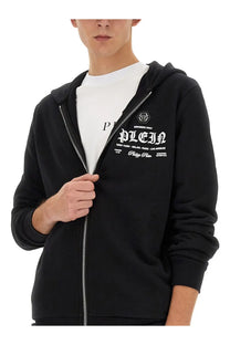 Philipp plein men’s black zip-up hoodie with white embroidered logo and city names including new york paris and milan