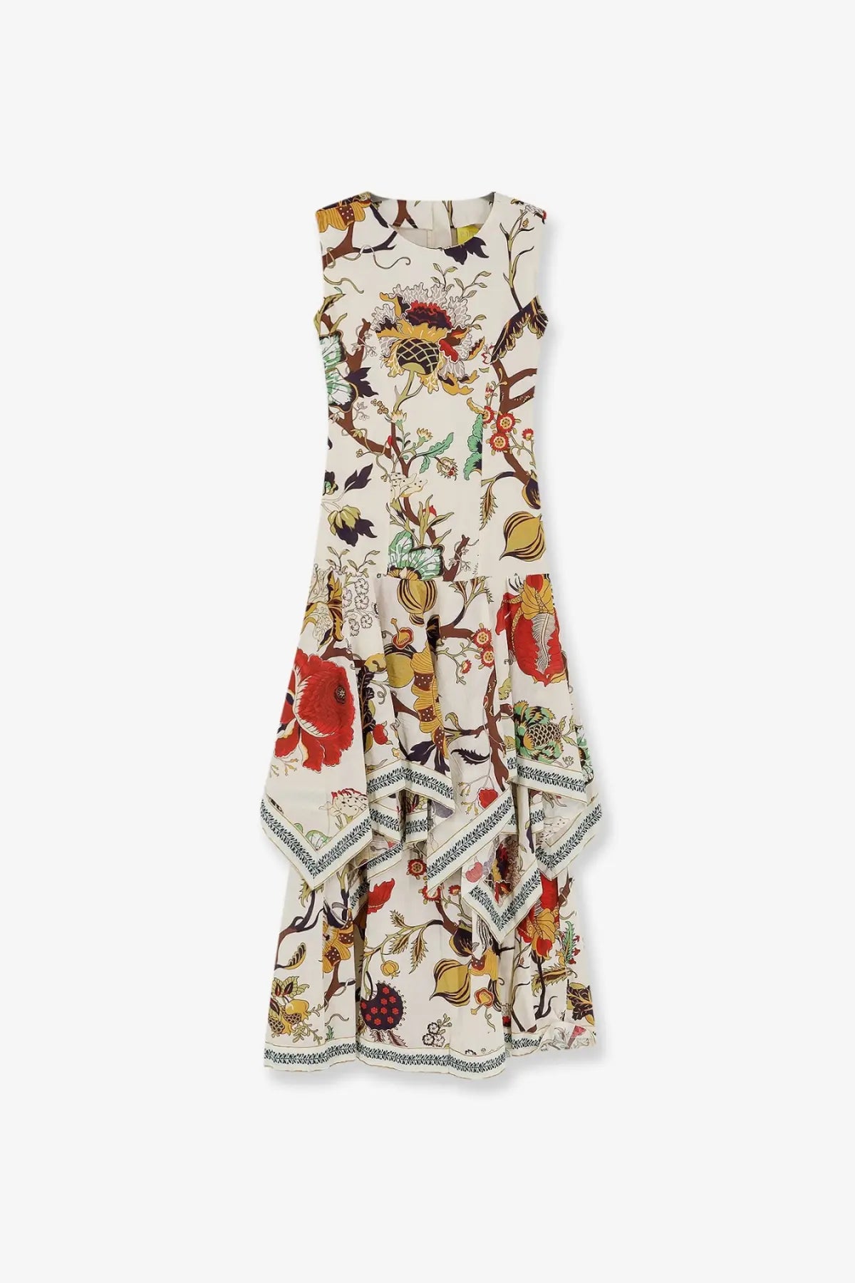 Philippa 1970 women’s cova multicolor sleeveless cotton dress with cream base and red poppies botanical print