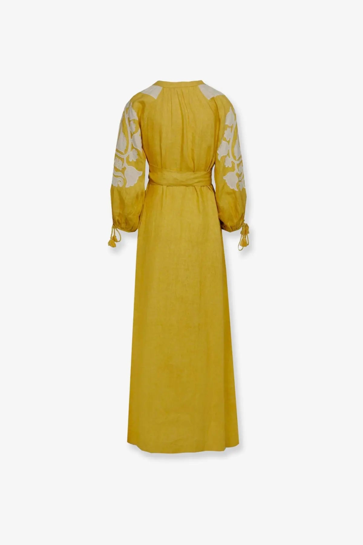 Philippa 1970 women’s keyra linen long dress yellow with white floral embroidery and matching waist belt
