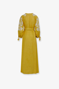 Philippa 1970 women’s keyra linen long dress yellow with white floral embroidery and matching waist belt