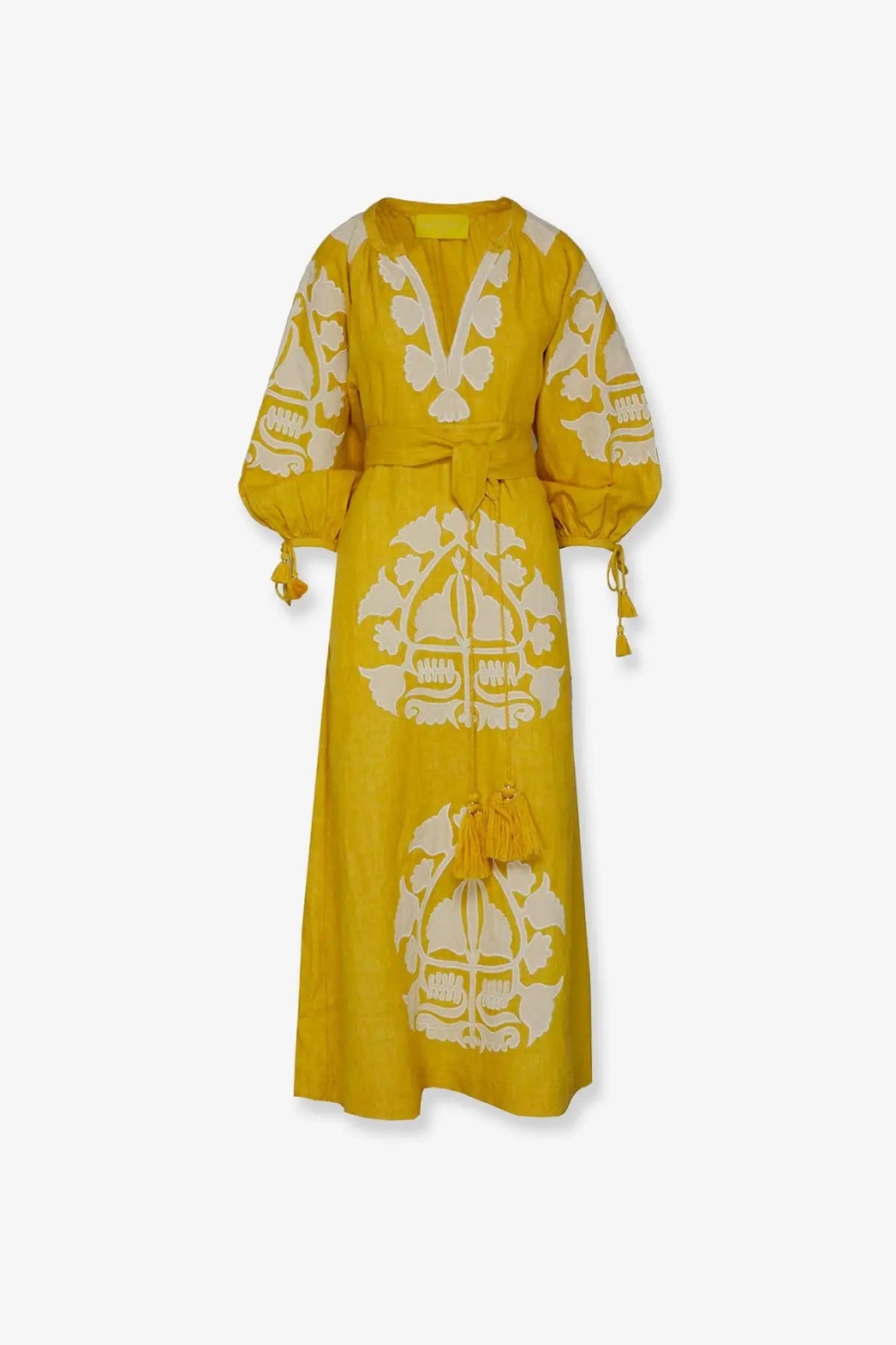 Philippa 1970 women’s keyra yellow linen maxi dress with white embroidery and tassels on cuffs and waist