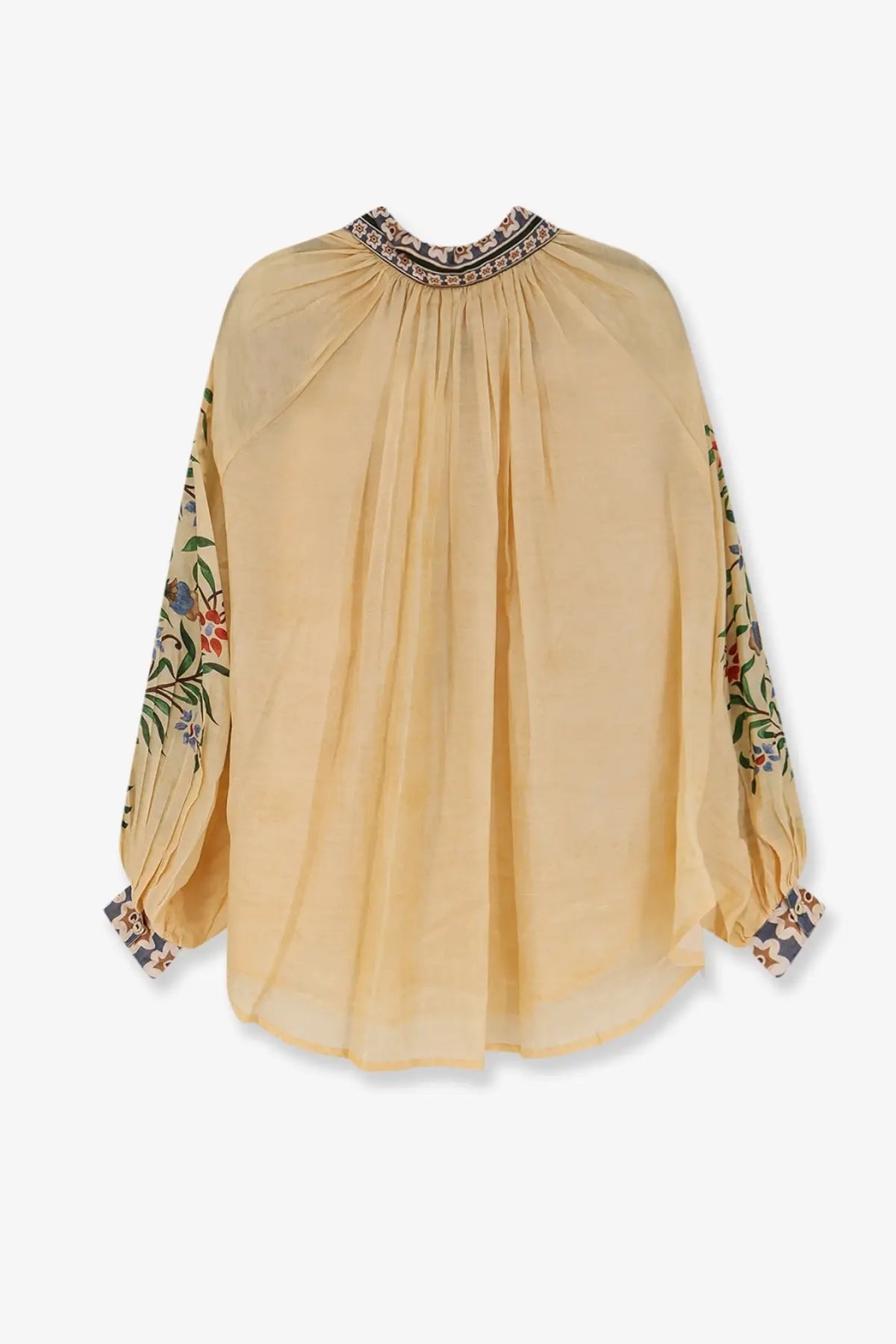 Philippa 1970 women’s palmira modal yellow shirt beige blouse with flowing sleeves and floral embroidery on cuffs and shoulders