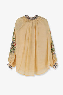 Philippa 1970 women’s palmira modal yellow shirt beige blouse with flowing sleeves and floral embroidery on cuffs and shoulders