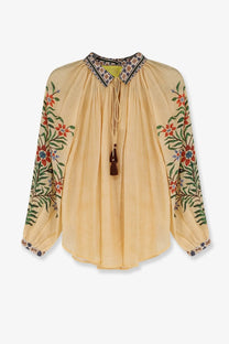 Philippa 1970 women’s palmira soft yellow modal blouse with long sleeves embroidered with red and green floral patterns