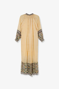 Philippa 1970 women’s palmira multicolor modal long dress yellow in flowing beige silk with floral embroidery details