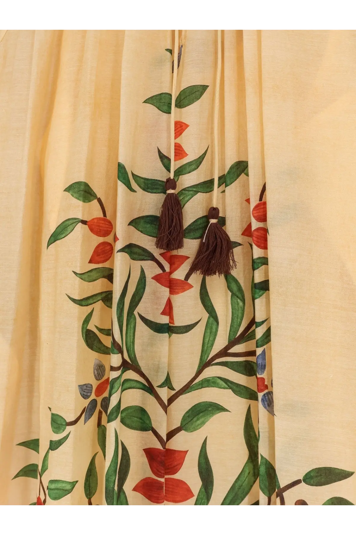 Philippa 1970 women’s palmira multicolor modal long dress in cream with green leaf and red-orange fruit print and brown tassels