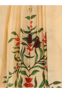 Philippa 1970 women’s palmira multicolor modal long dress in cream with green leaf and red-orange fruit print and brown tassels