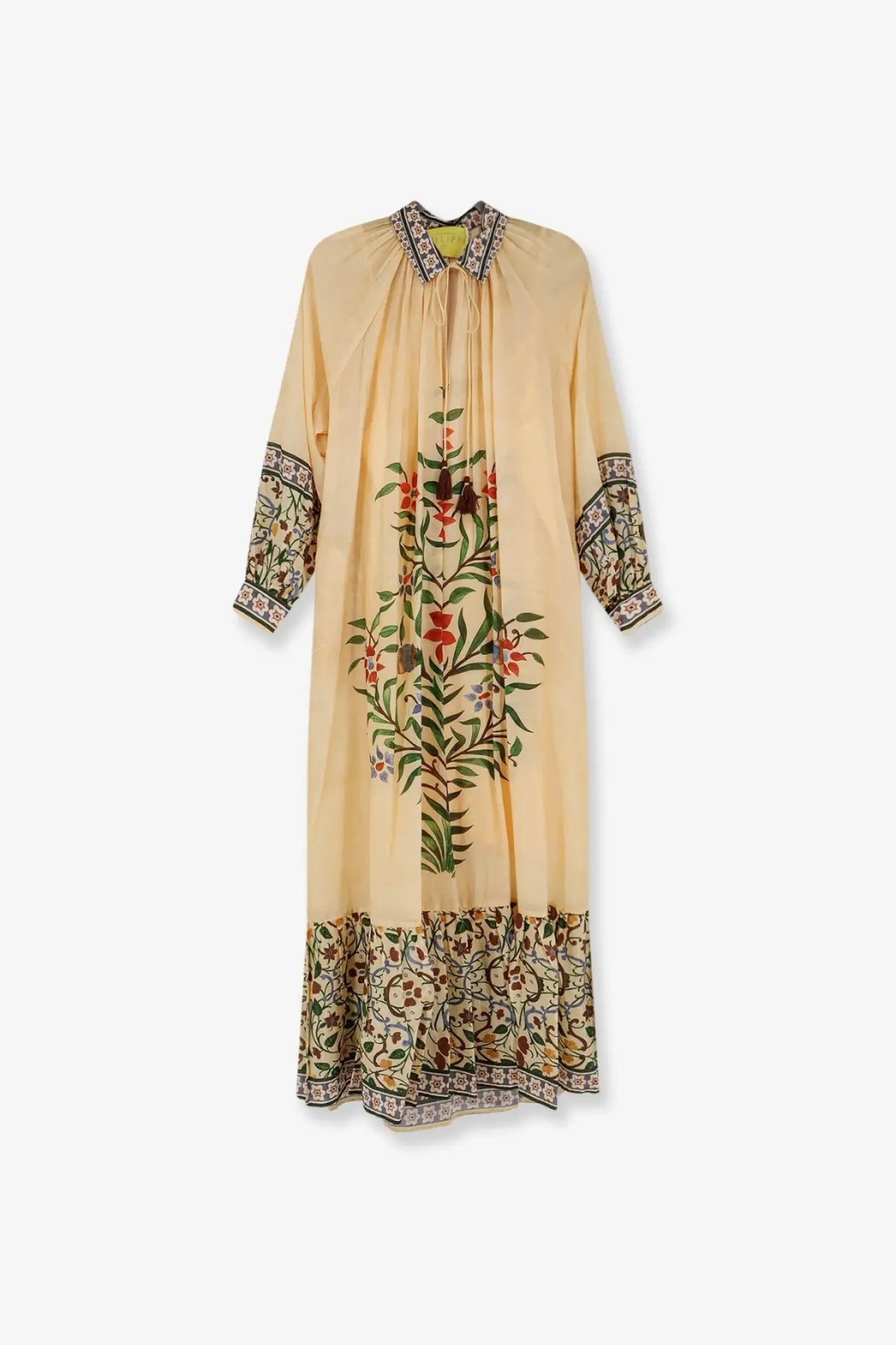 A flowing pale yellow philippa 1970 women’s palmira multicolor modal long dress with red and green floral embroidery