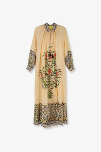 A flowing pale yellow philippa 1970 women’s palmira multicolor modal long dress with red and green floral embroidery