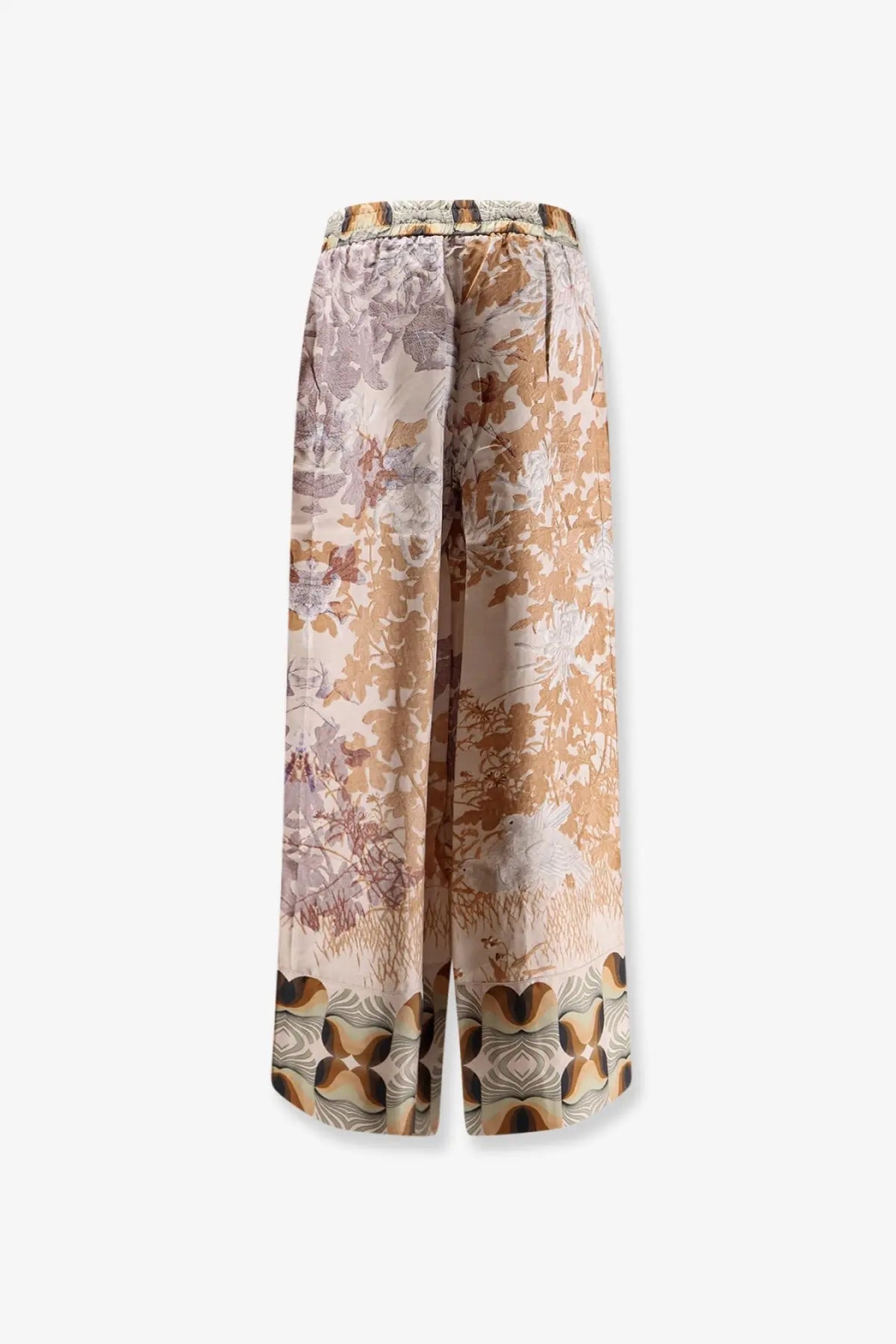 Pierre-Louis Mascia women’s silk beige and brown floral print wide-leg trousers with patterned elastic waistband