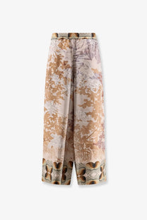 Pierre-Louis Mascia women’s silk trousers beige and brown floral-patterned wide-leg pants with drawstring waistband