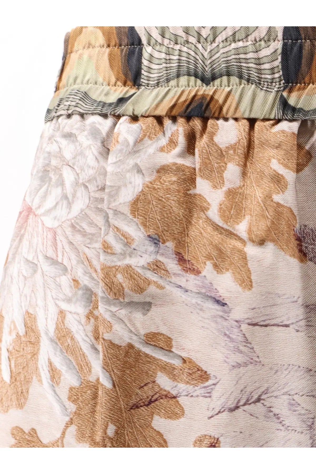 Pierre-louis mascia women’s silk trouser white with flowing skirt and delicate beige and pink floral print on cream background