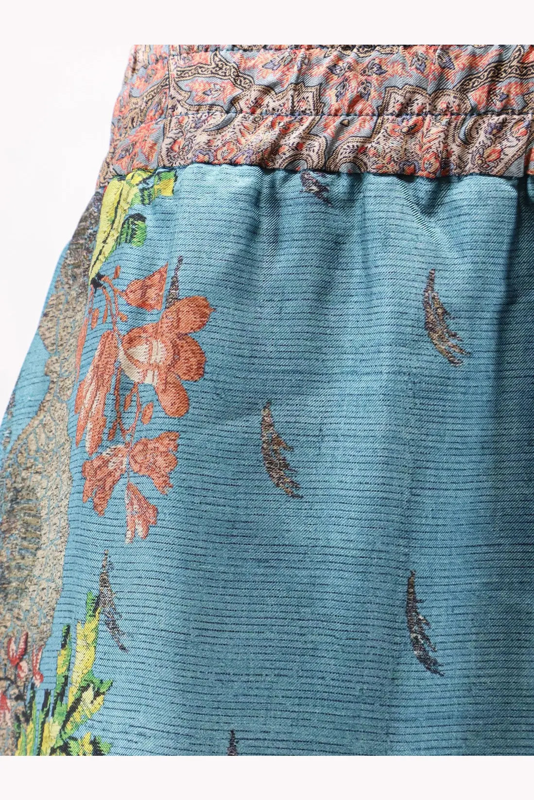 Pierre-Louis Mascia women’s silk trousers blue with teal ribbed texture and intricate orange green brown floral waistband pattern