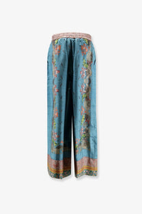 Pierre-Louis Mascia women’s silk turquoise wide-leg trousers with pink orange green and gold floral paisley pattern