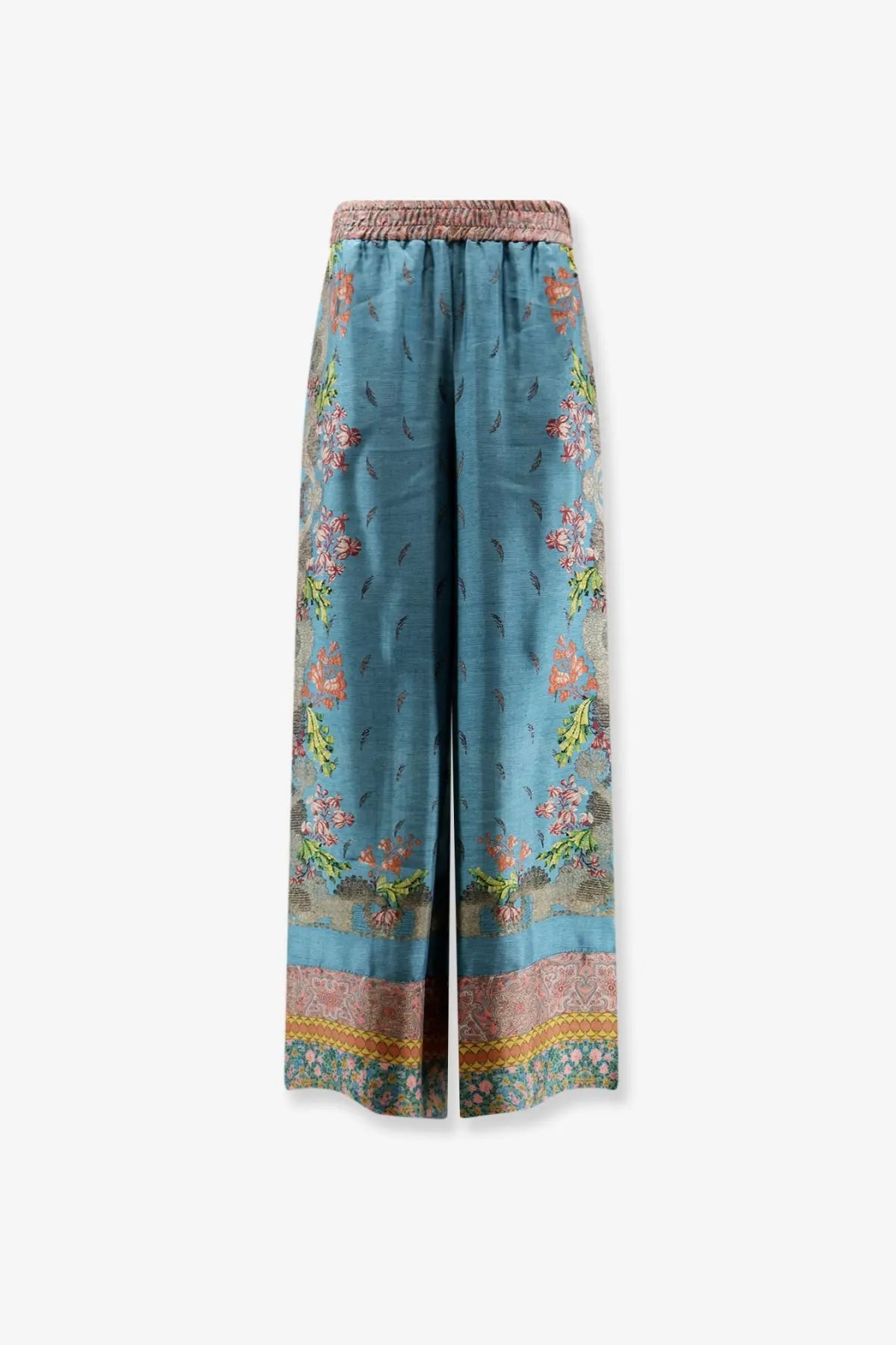 Pierre-Louis Mascia women’s silk turquoise wide-leg trousers with floral feather pattern and elastic waistband