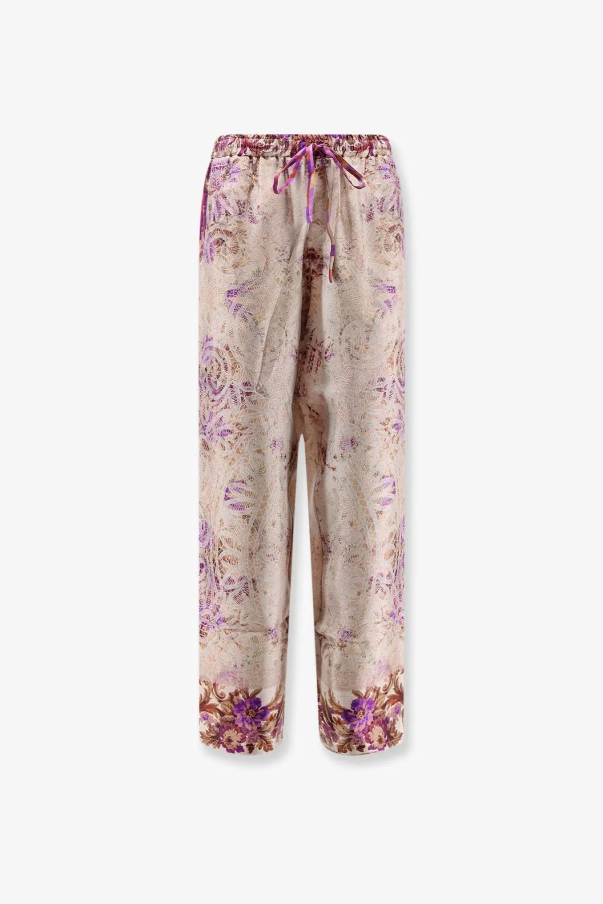 Pierre-Louis Mascia women’s silk wide-leg trousers in beige and purple floral pattern with drawstring waistband