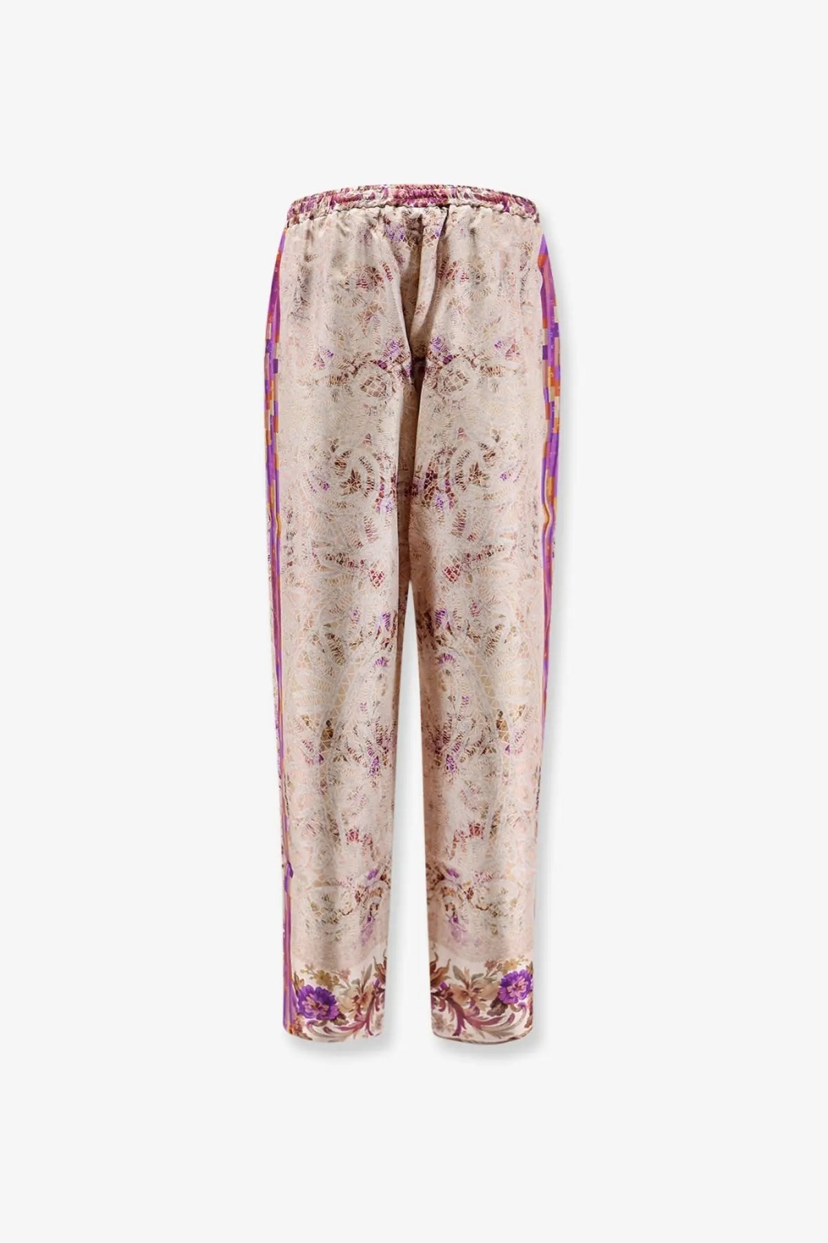 Pierre-Louis Mascia women’s silk trousers in beige satin with floral purple and pink pattern and purple side stripes