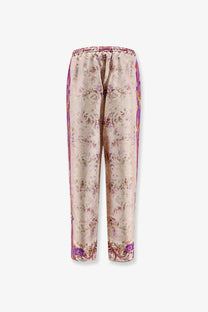 Pierre-Louis Mascia women’s silk trousers in beige satin with floral purple and pink pattern and purple side stripes